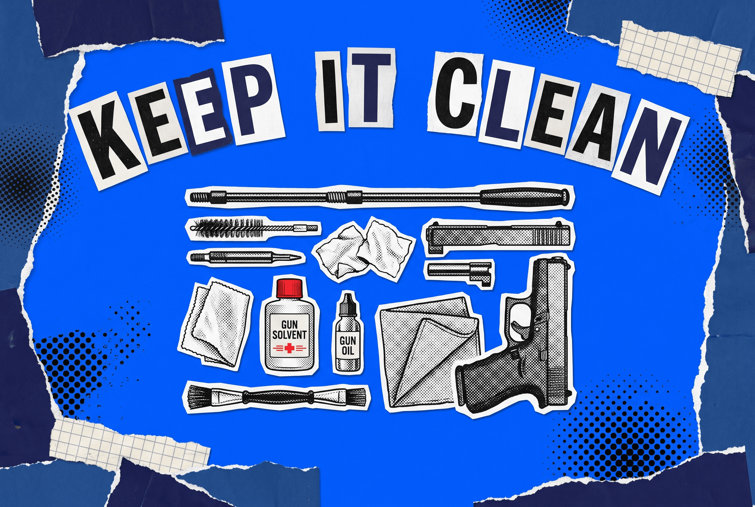 Pop-art collage flat-lay of a handgun cleaning kit with rod, brushes, patches, solvent, oil, and a field-stripped pistol.