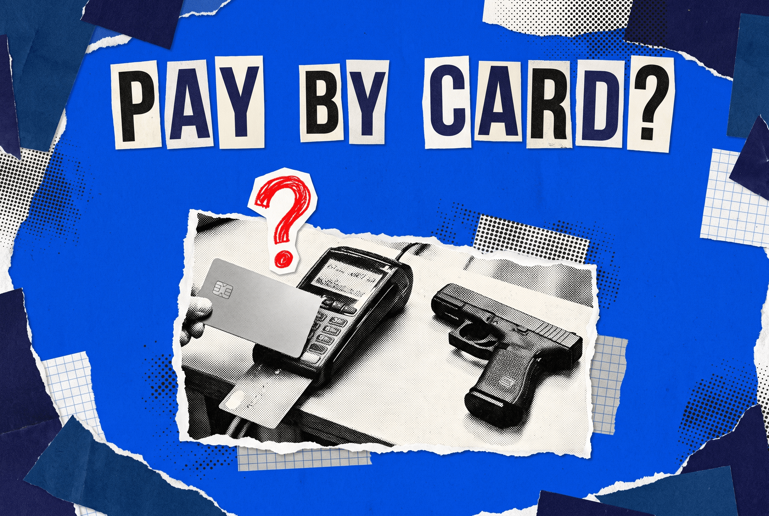 Pop-art collage of a credit card in a counter card reader next to a pistol, with a red question mark.