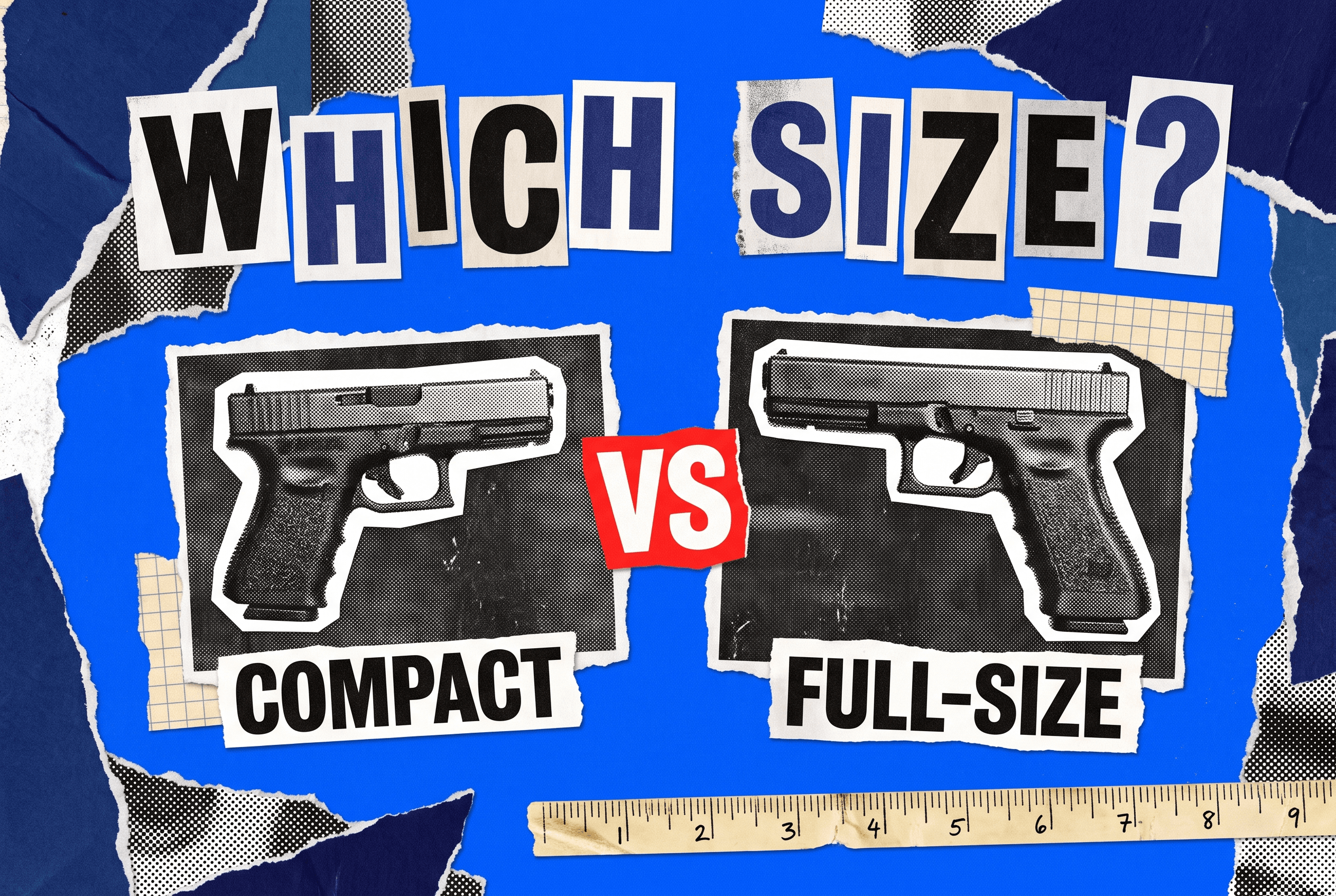 Pop-art collage comparing a compact and a full-size pistol side by side with a red VS badge.