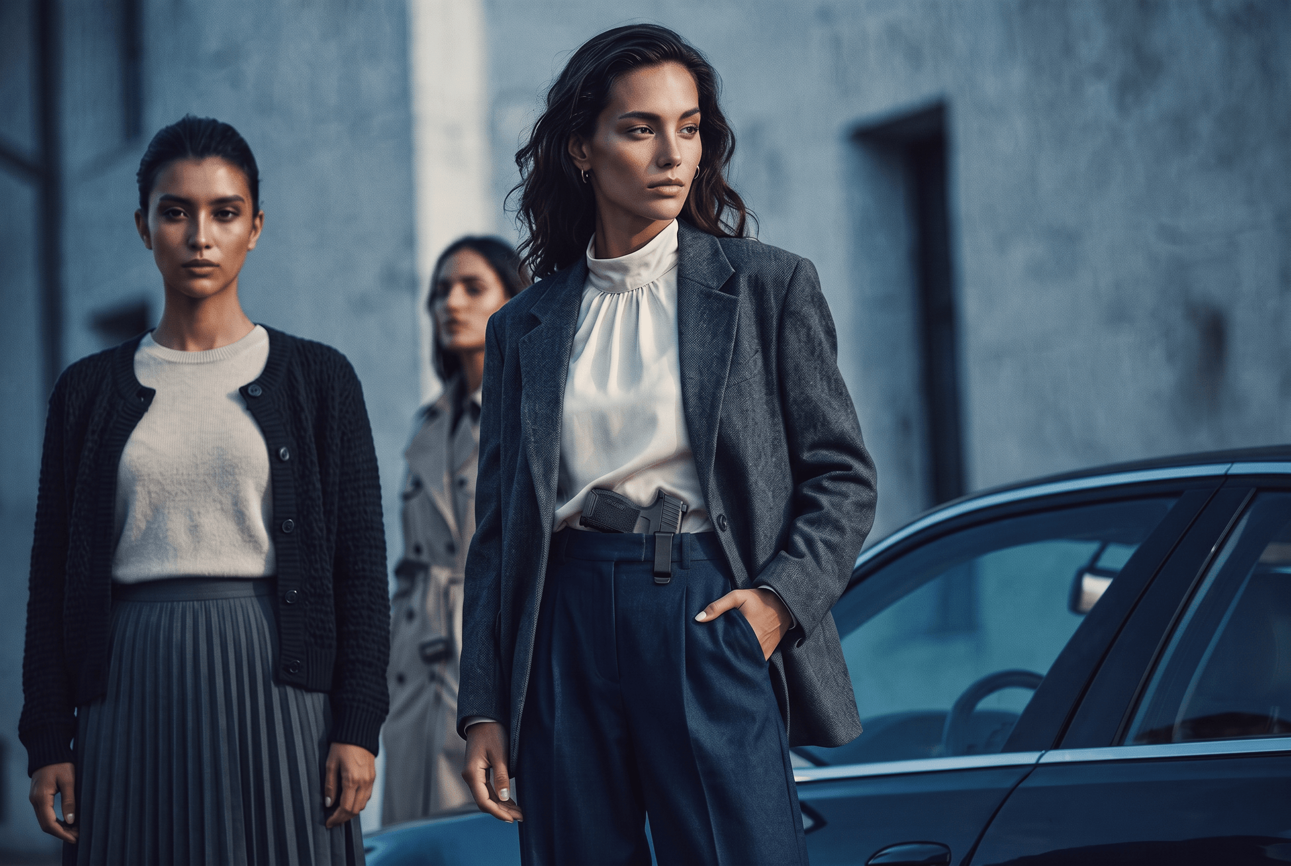 Three women in everyday clothing outside a modern training facility in a cool blue color grade, one with a compact pistol holstered inside her waistband for concealed carry.