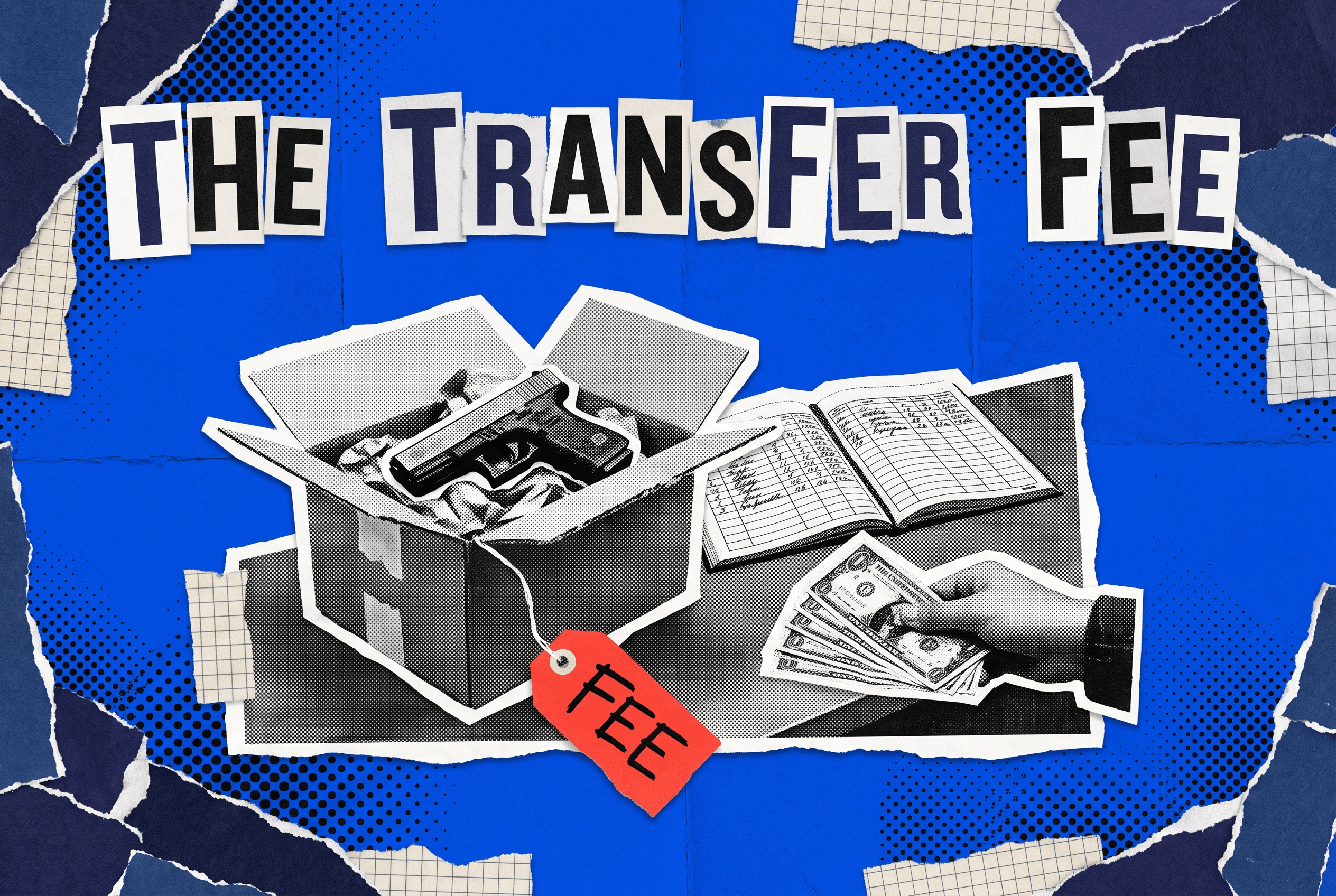 Pop-art collage of a shipped handgun on a gun-dealer counter with a logbook, cash, and a red transfer fee tag.