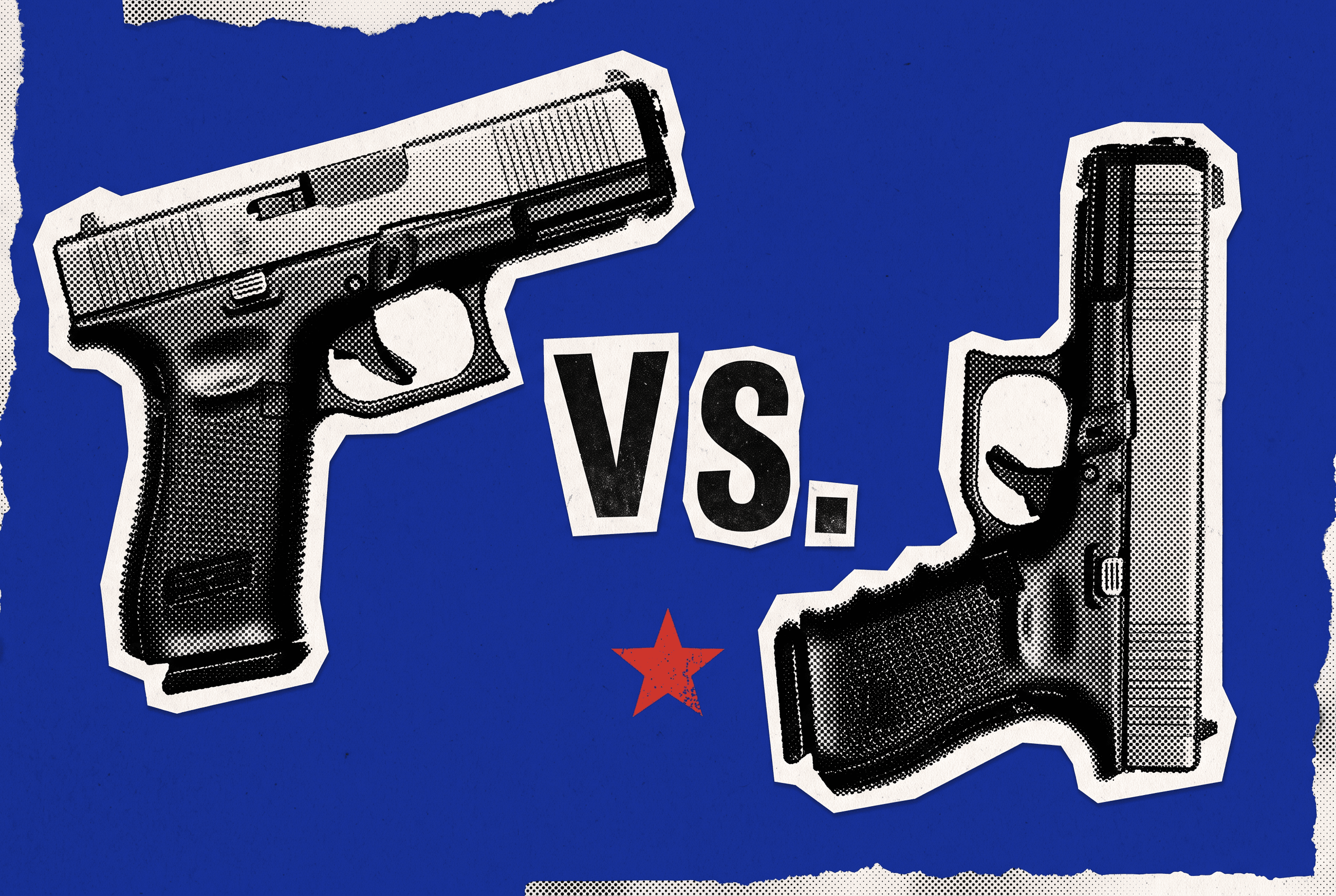 Pop-art collage of two striker-fired pistols facing off, split by a bold VS, on a cobalt blue background.