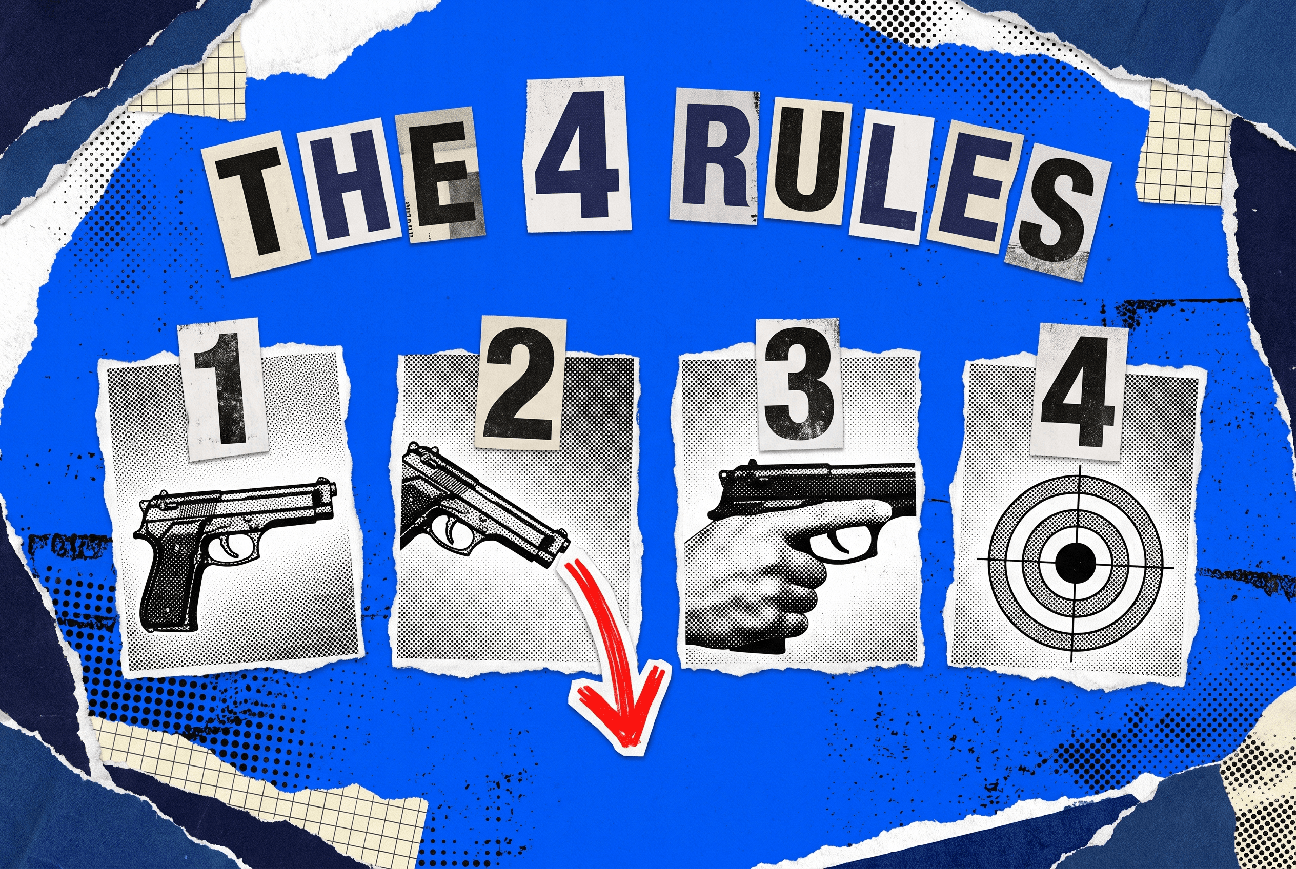 Pop-art collage of the four gun safety rules as numbered icon cards, with a red safe-direction arrow on rule two.