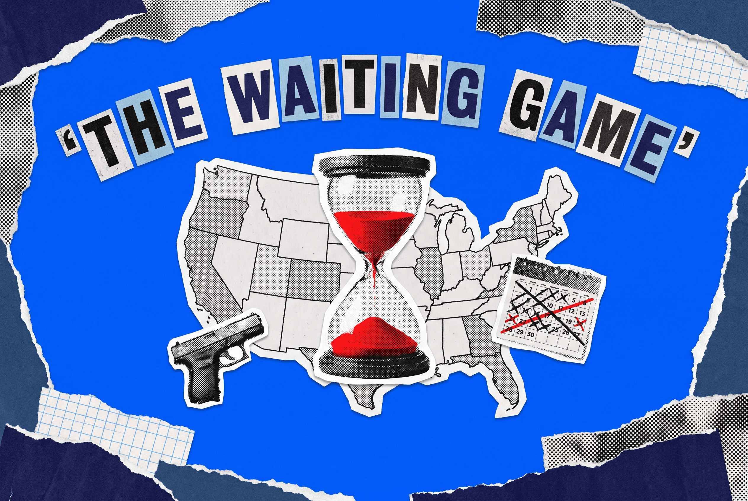 Pop-art collage of a US map with a red hourglass and a calendar, on gun waiting periods by state.