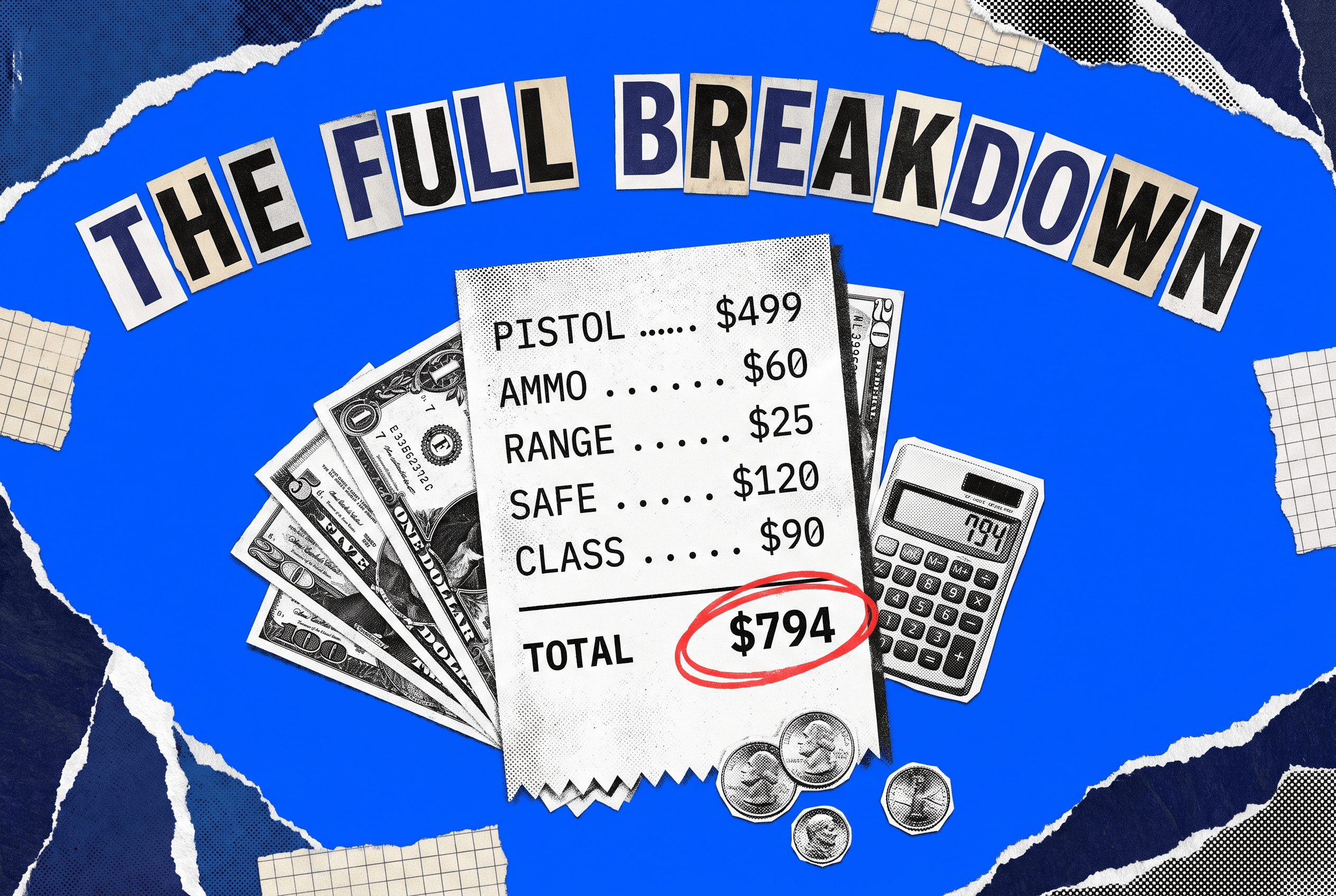 Pop-art paper-collage of an itemized receipt listing pistol, ammo, range, safe, and class costs with a red-circled total, surrounded by cash, coins, and a calculator on a cobalt-blue background.