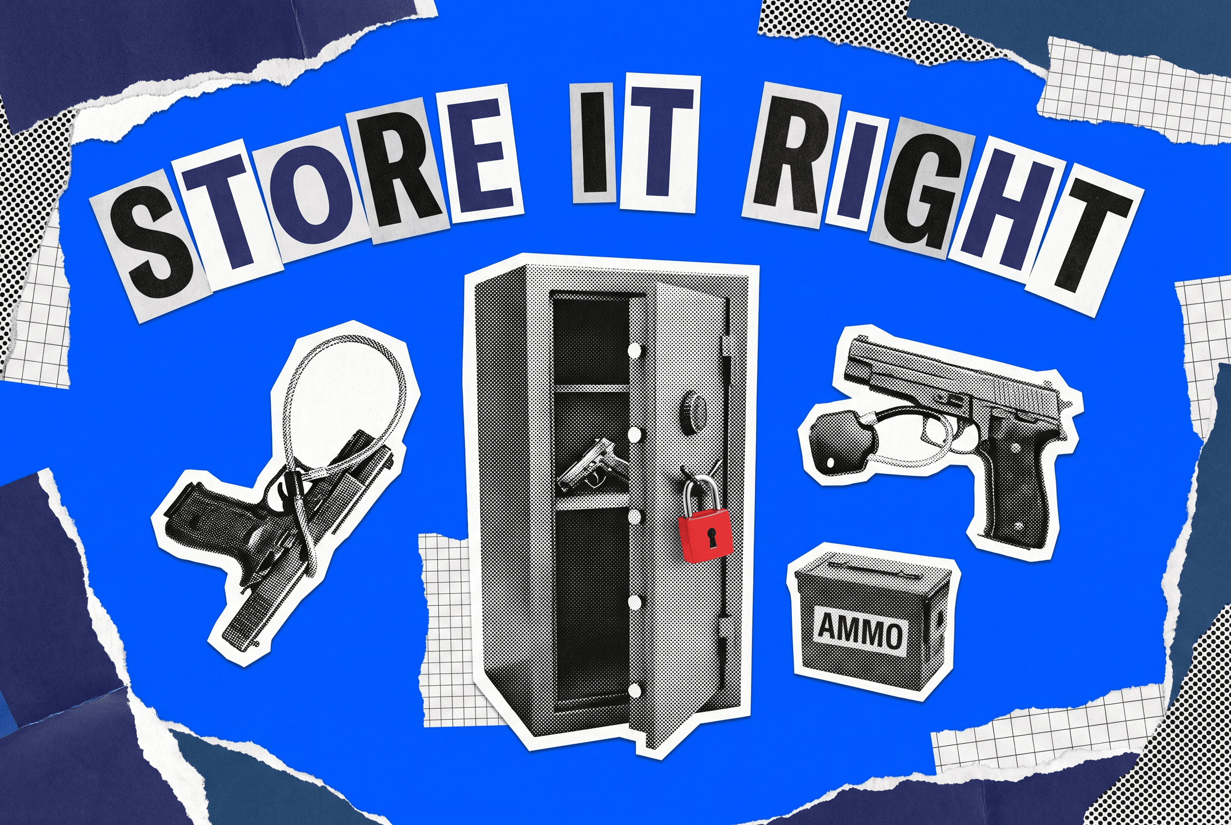 Pop-art collage of a home gun vault with a pistol locked inside, plus a cable lock, trigger lock, and separately stored ammo; how to store a gun at home the right way.
