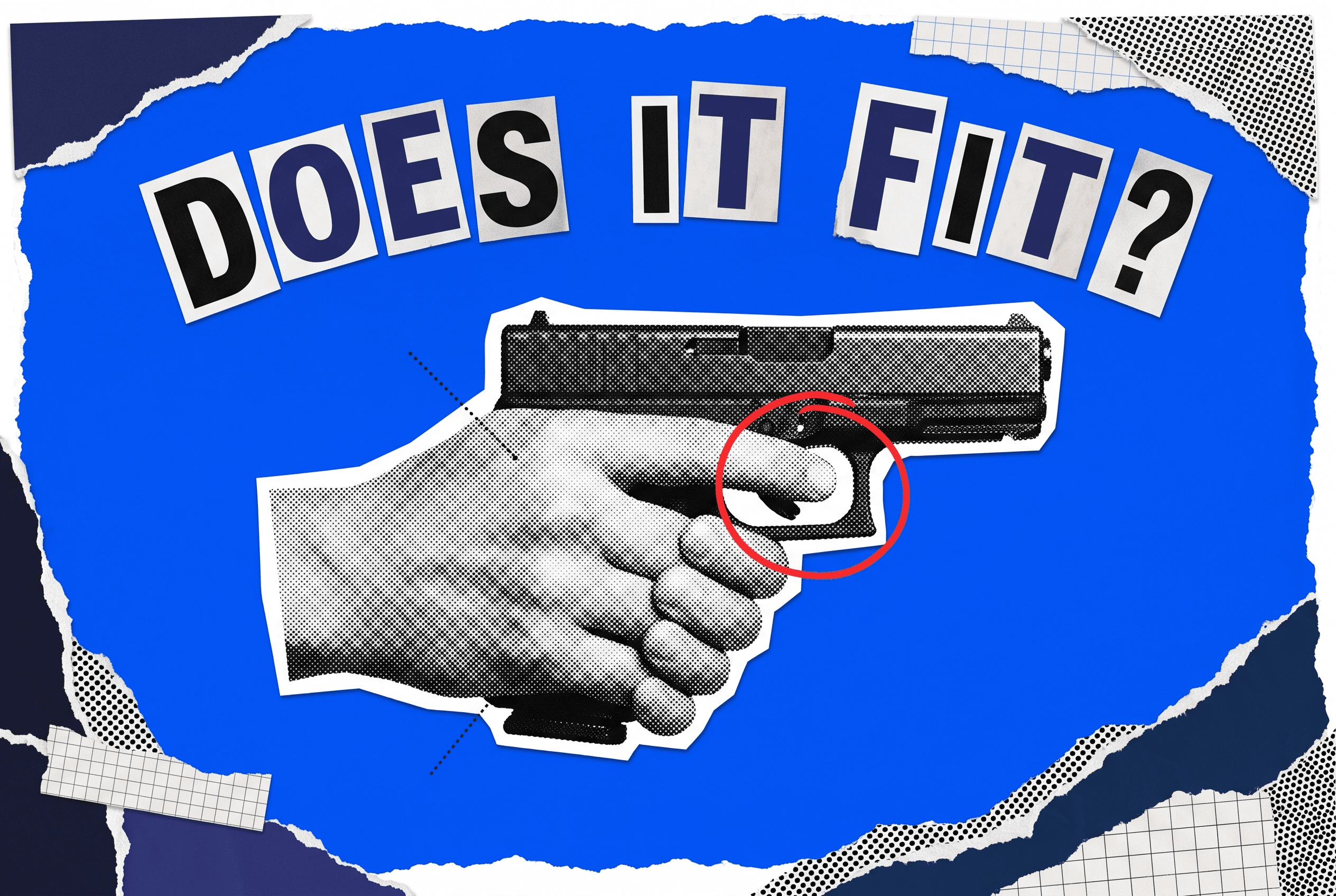 Pop-art collage of a hand gripping a pistol with a red circle on the trigger-finger contact showing a proper grip fit.