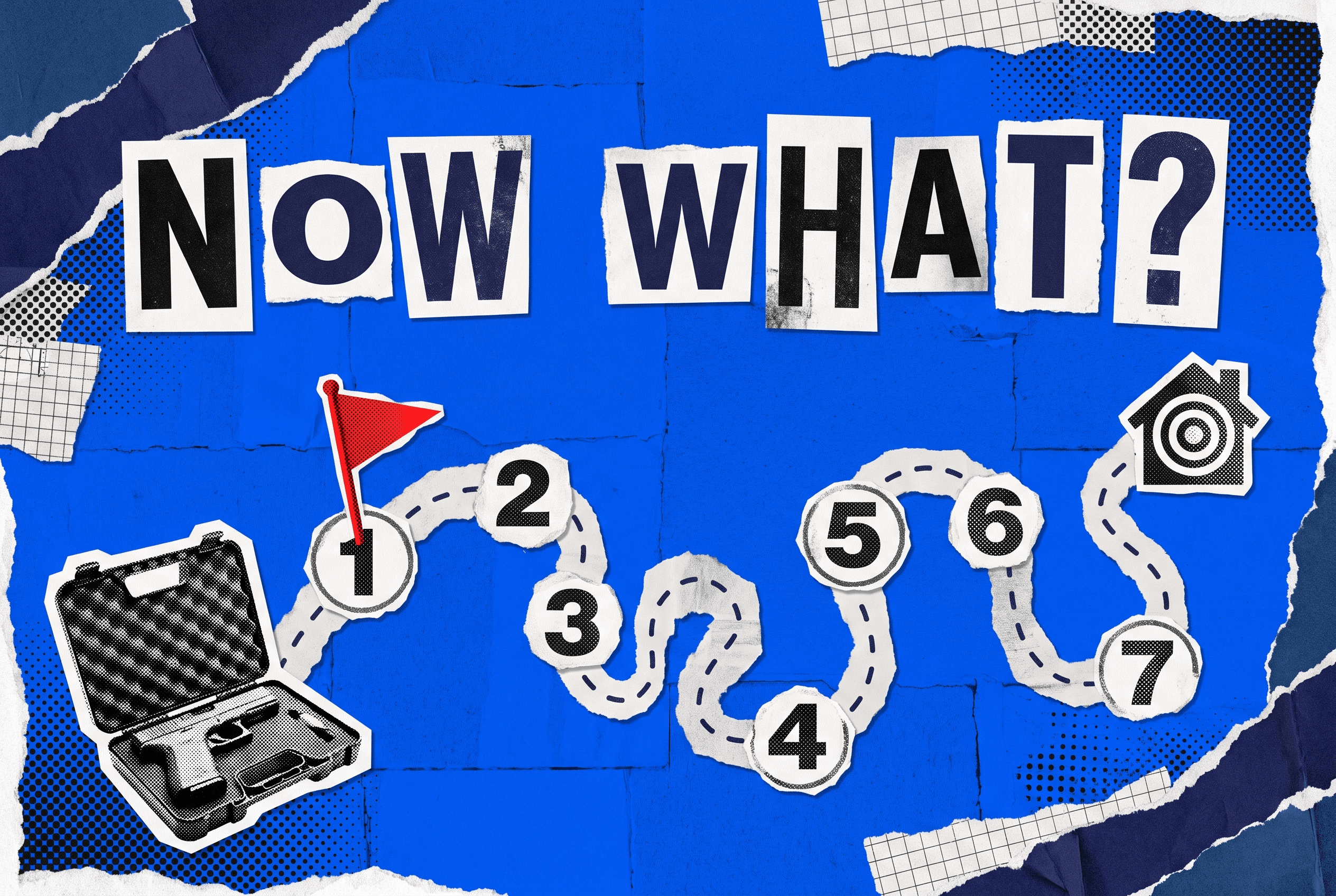 Pop-art collage of a new pistol in its case at the start of a winding numbered path from 1 to 7, headline now what.