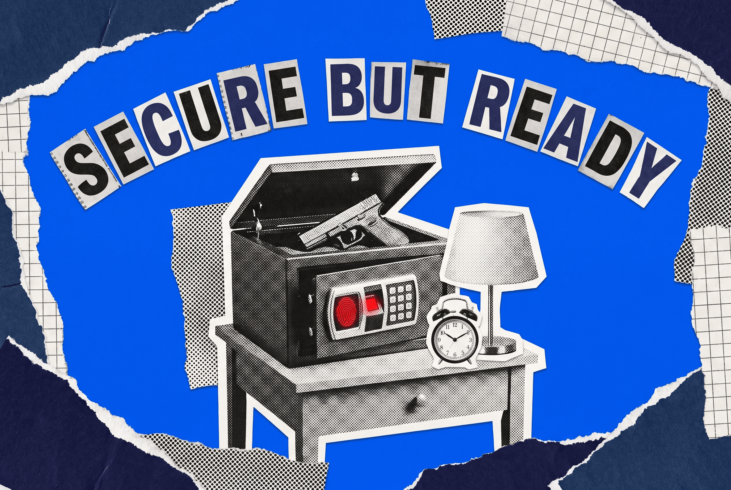 Pop-art paper-collage of an open quick-access nightstand gun safe holding a pistol, with a biometric fingerprint pad glowing red, beside an alarm clock and lamp on a cobalt-blue background.