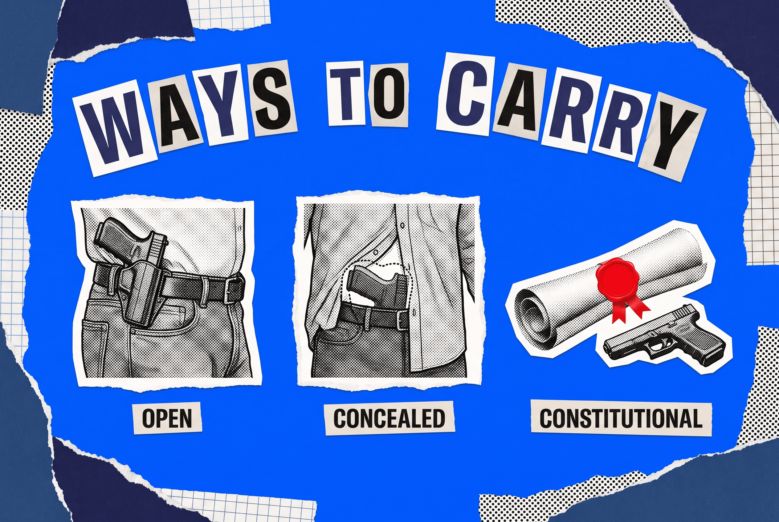 Pop-art collage of three carry types: open on the belt, concealed under a shirt, and a constitution scroll with a red seal.