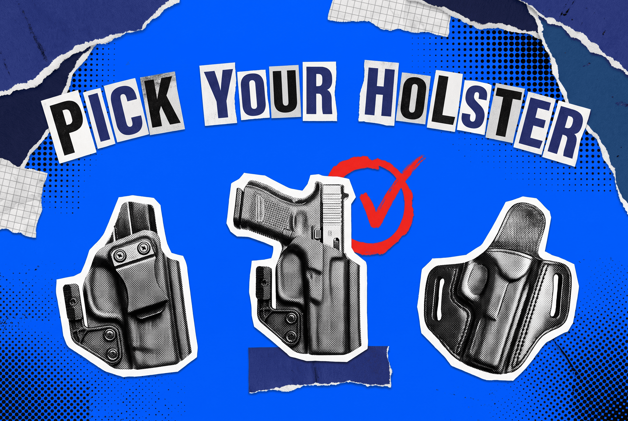 Pop-art paper-collage comparing three concealed-carry holsters — IWB, appendix, and OWB — with a compact pistol and a red circle marking the center pick on a cobalt-blue background.