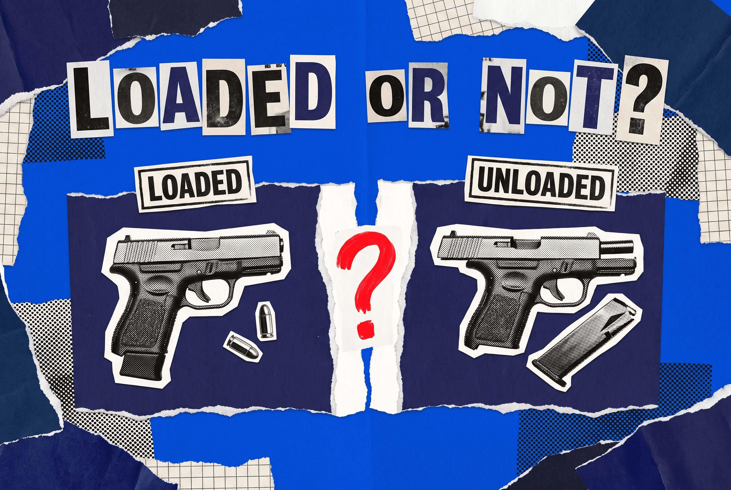 Pop-art collage splitting a loaded handgun and an unloaded handgun with the words loaded or not.