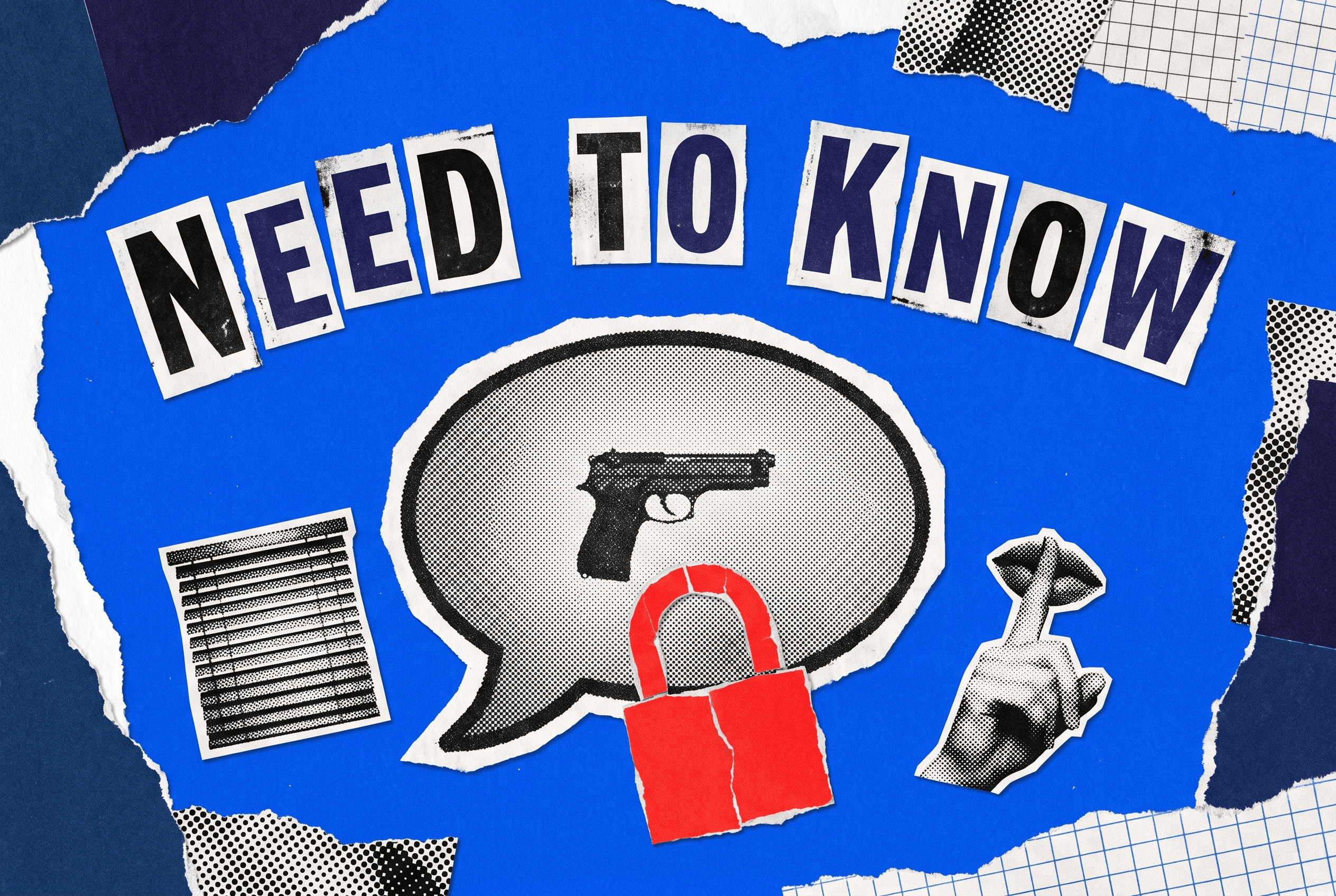 Pop-art collage of a speech bubble holding a small pistol, locked shut with a red padlock, on gun-ownership privacy.
