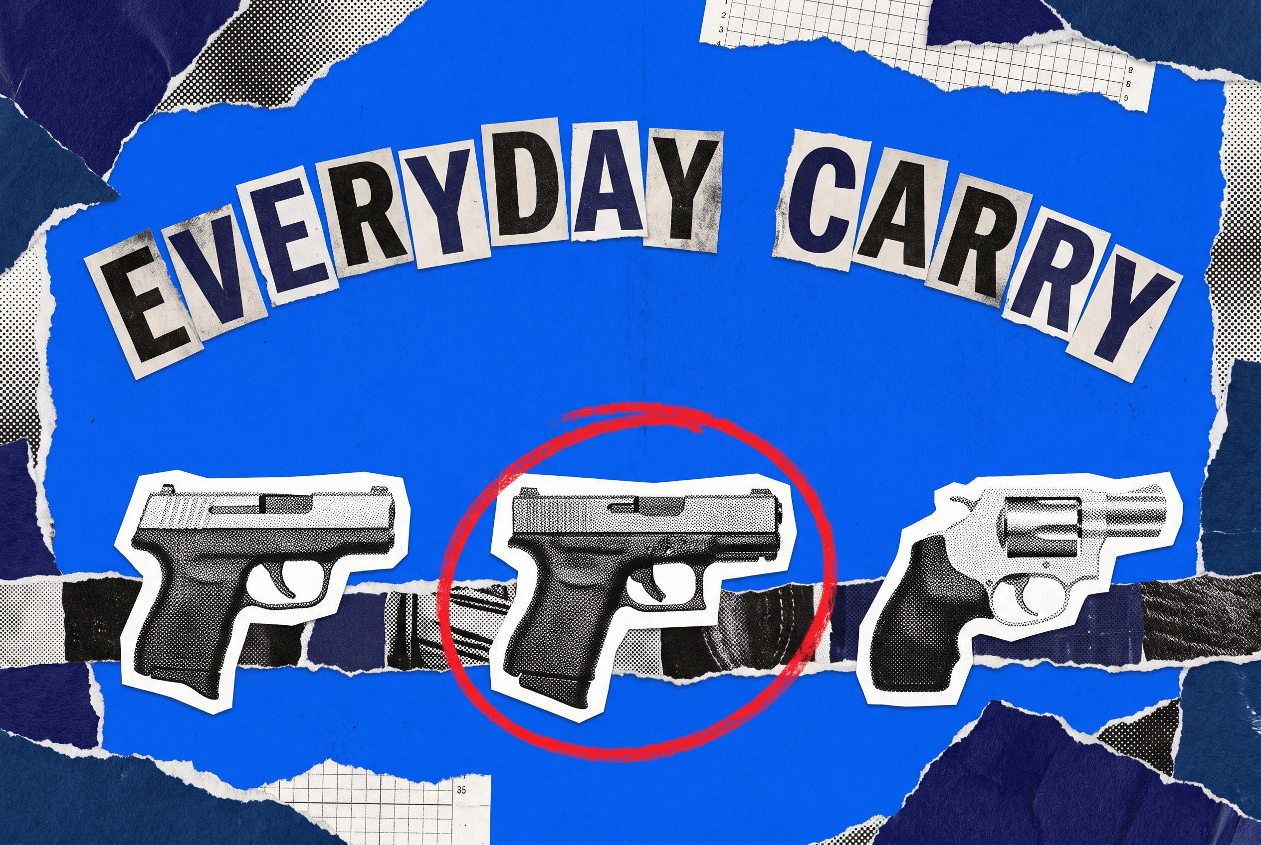 Pop-art collage of three subcompact carry pistols tucked into a belt strip, the center one circled in red as the beginner pick.