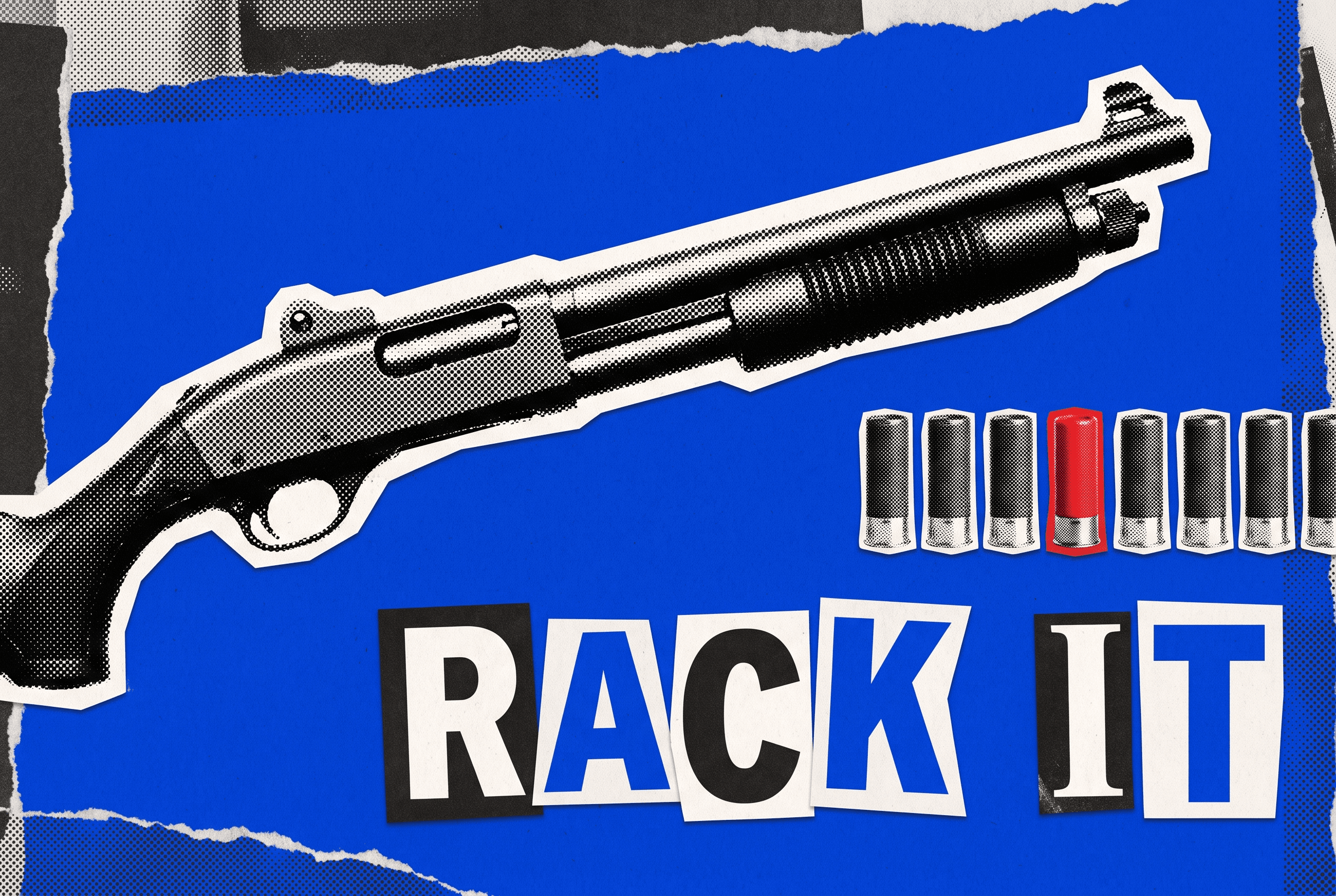 Pop-art collage of a pump-action home defense shotgun with a row of shells, one shell bright red, on a cobalt blue background.