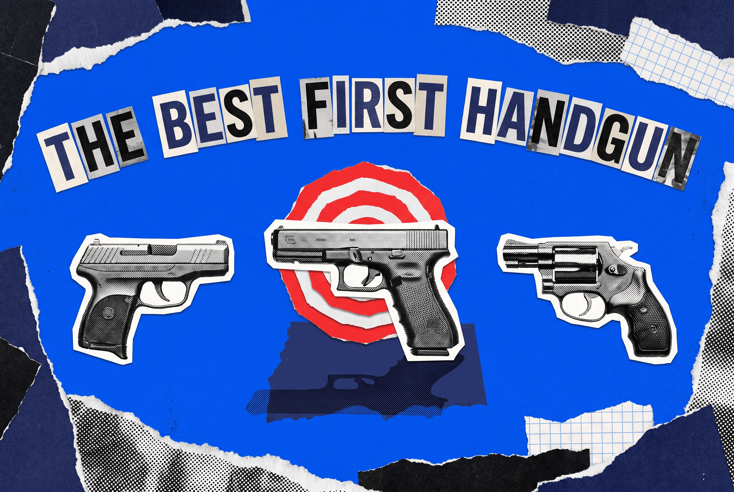 Pop-art paper-collage of three handguns on torn-paper pedestals — compact pistol, revolver, and full-size 9mm — with a red bullseye marking the center pick on a cobalt-blue background.