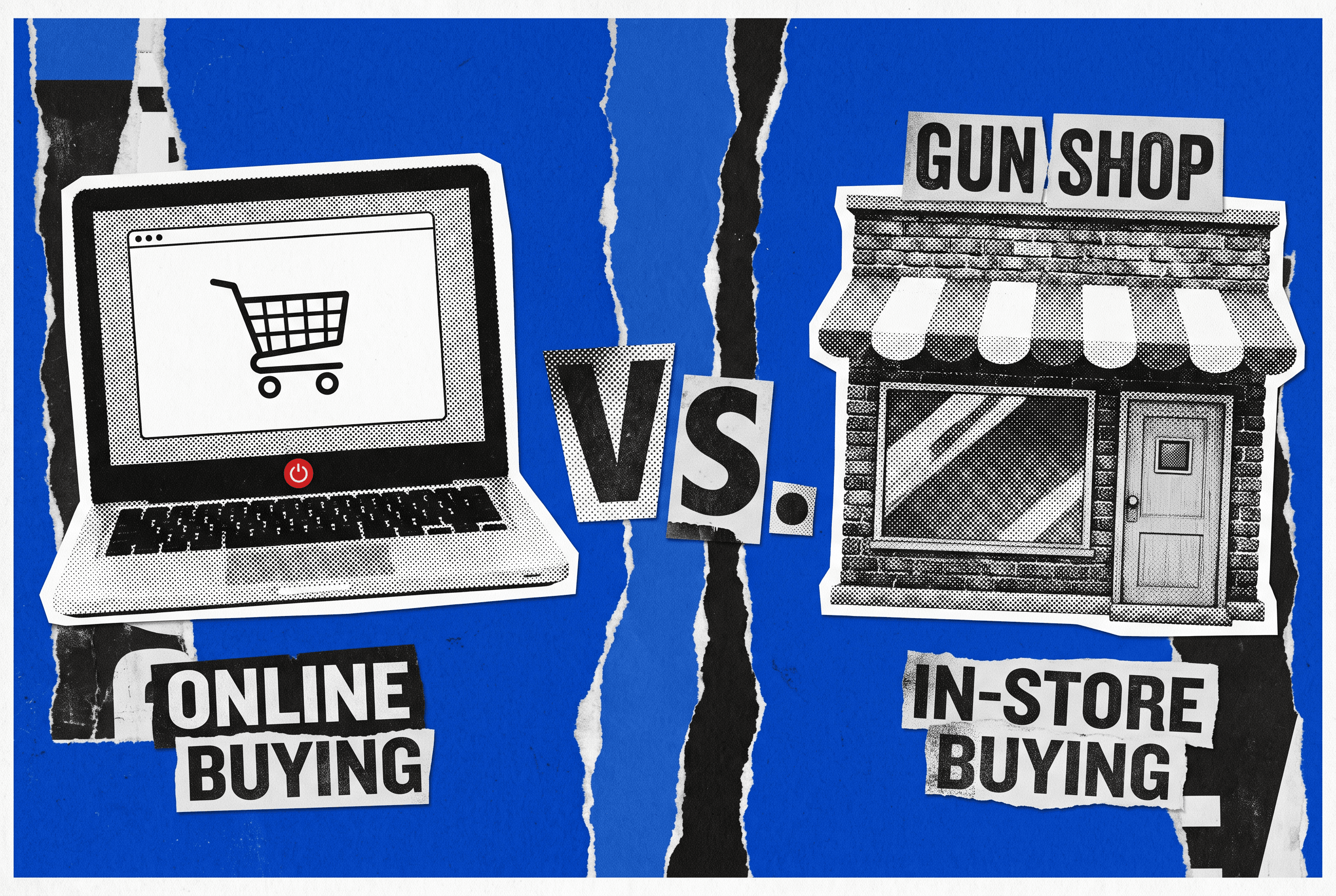 Pop-art collage comparing a laptop with a shopping cart and a gun shop storefront, split by a bold VS, on a cobalt blue background.