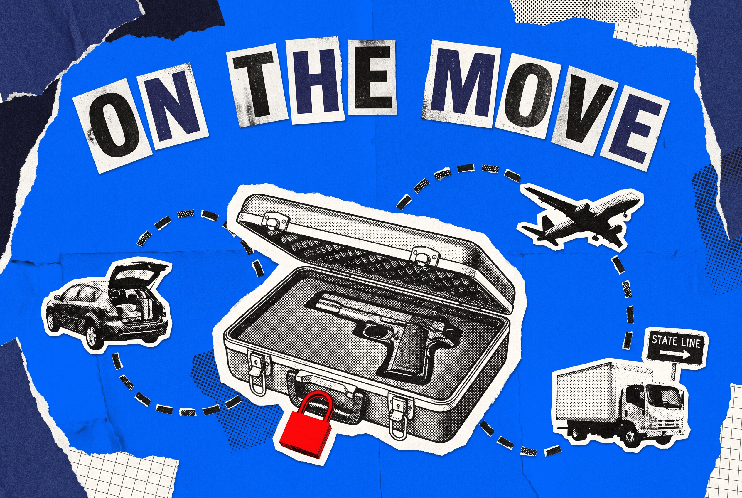 Pop-art collage of a locked pistol travel case with a red padlock, on a route past a car, plane, and moving truck.