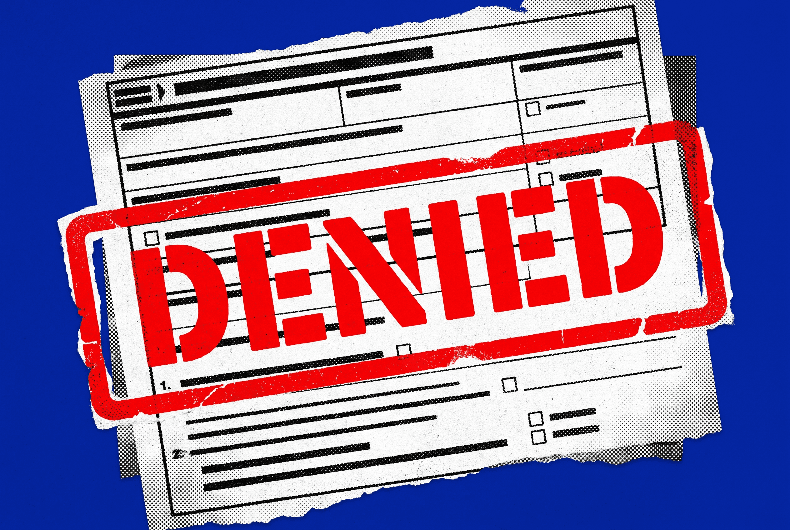Pop-art collage of a background check form with a bold red DENIED stamp across it, on a cobalt blue background.