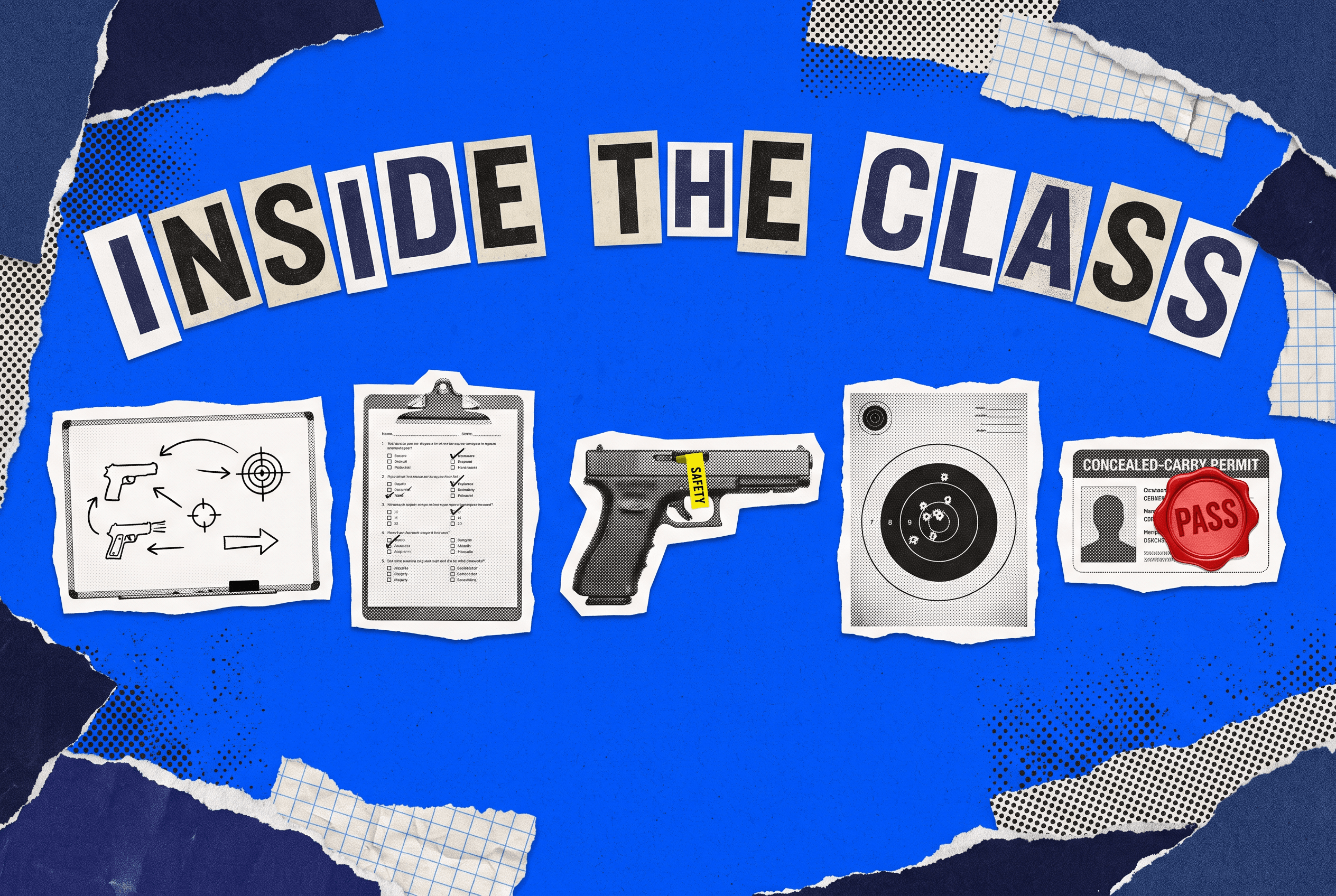 Pop-art collage sequence of a concealed carry class: whiteboard, written test, demo pistol, target, and a permit with a red seal.