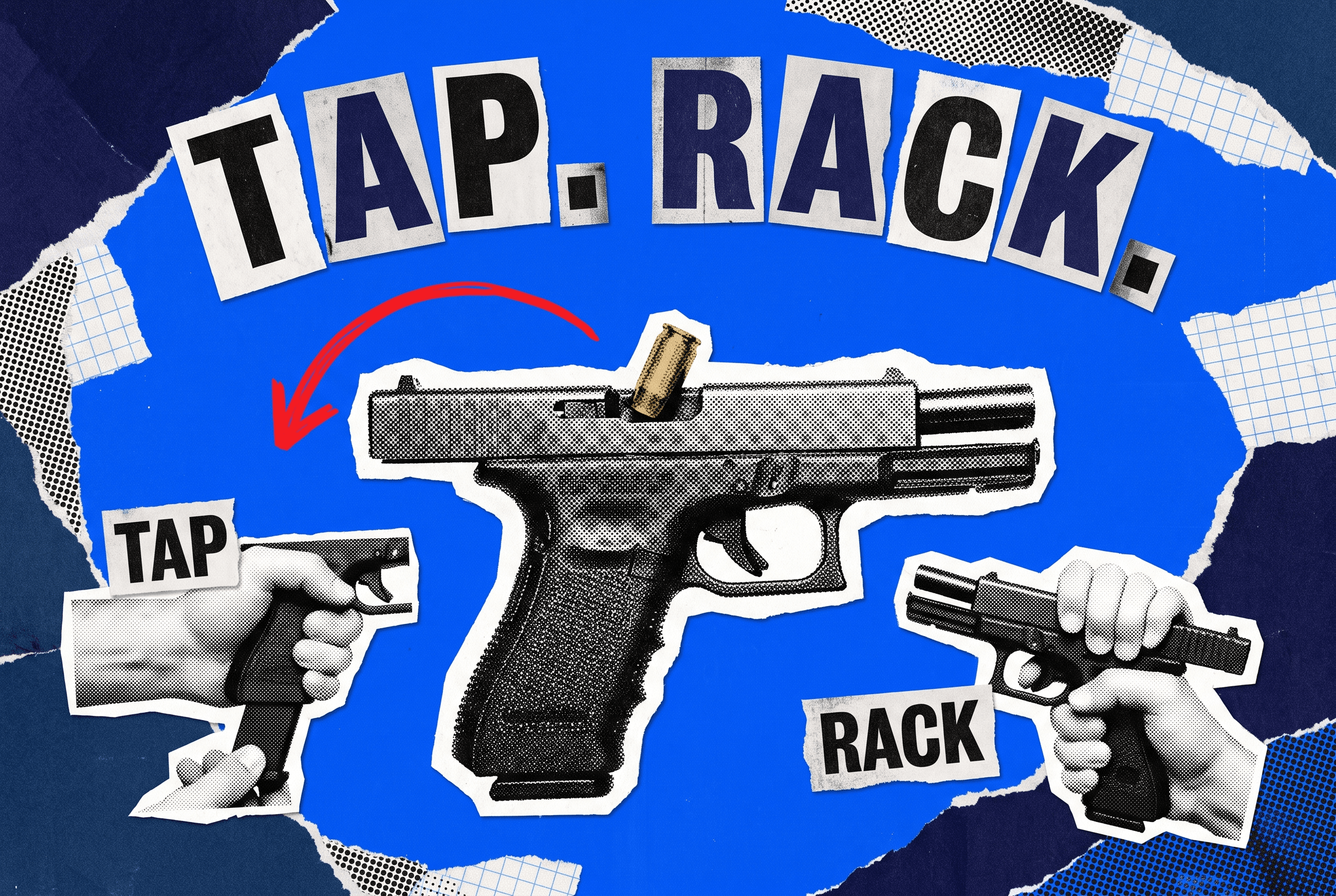 Pop-art collage of a pistol with a stovepipe jam and a red rack arrow, with tap and rack clearing steps.