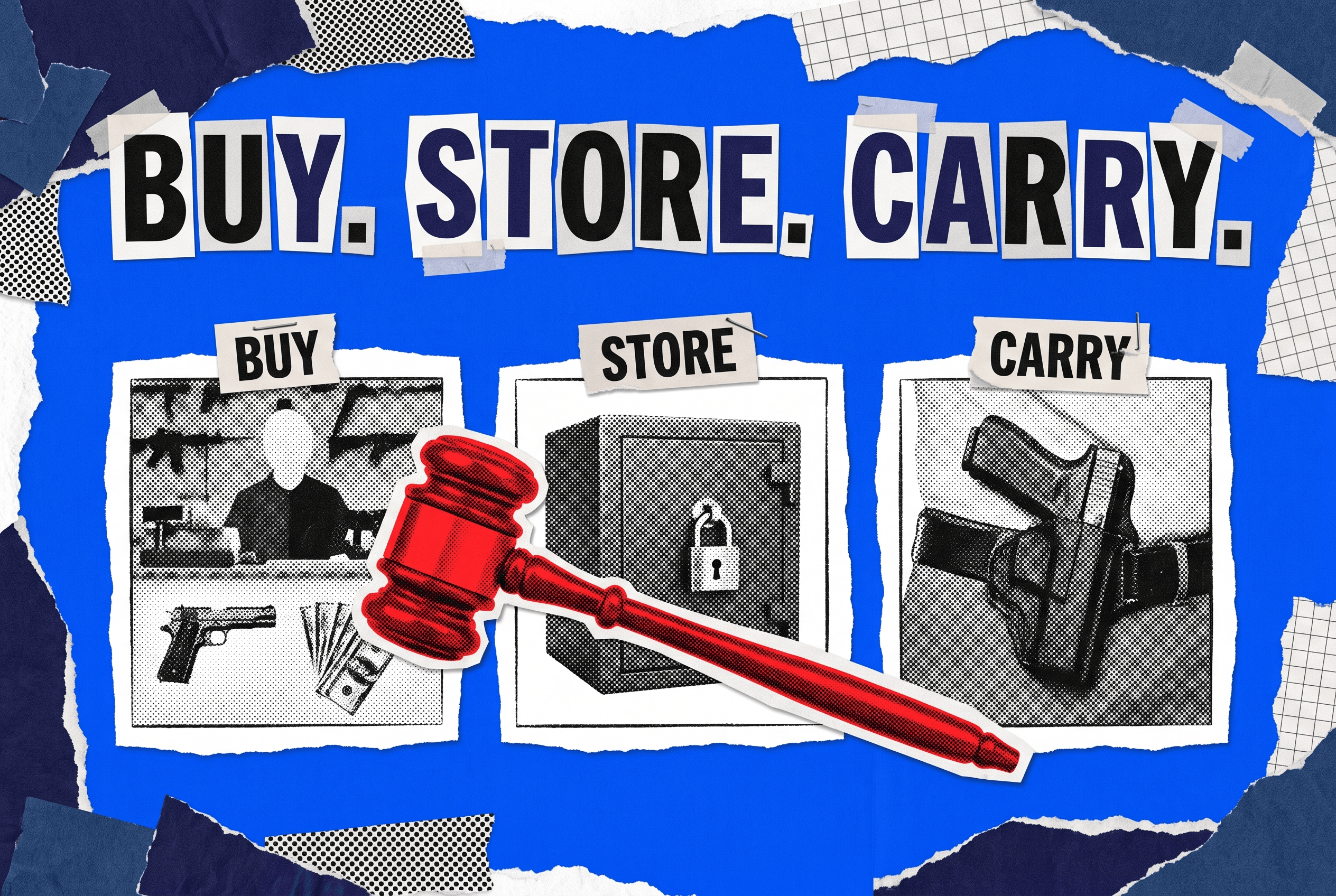 Pop-art collage triptych of buy, store, and carry panels tied together by a red gavel, on gun laws.