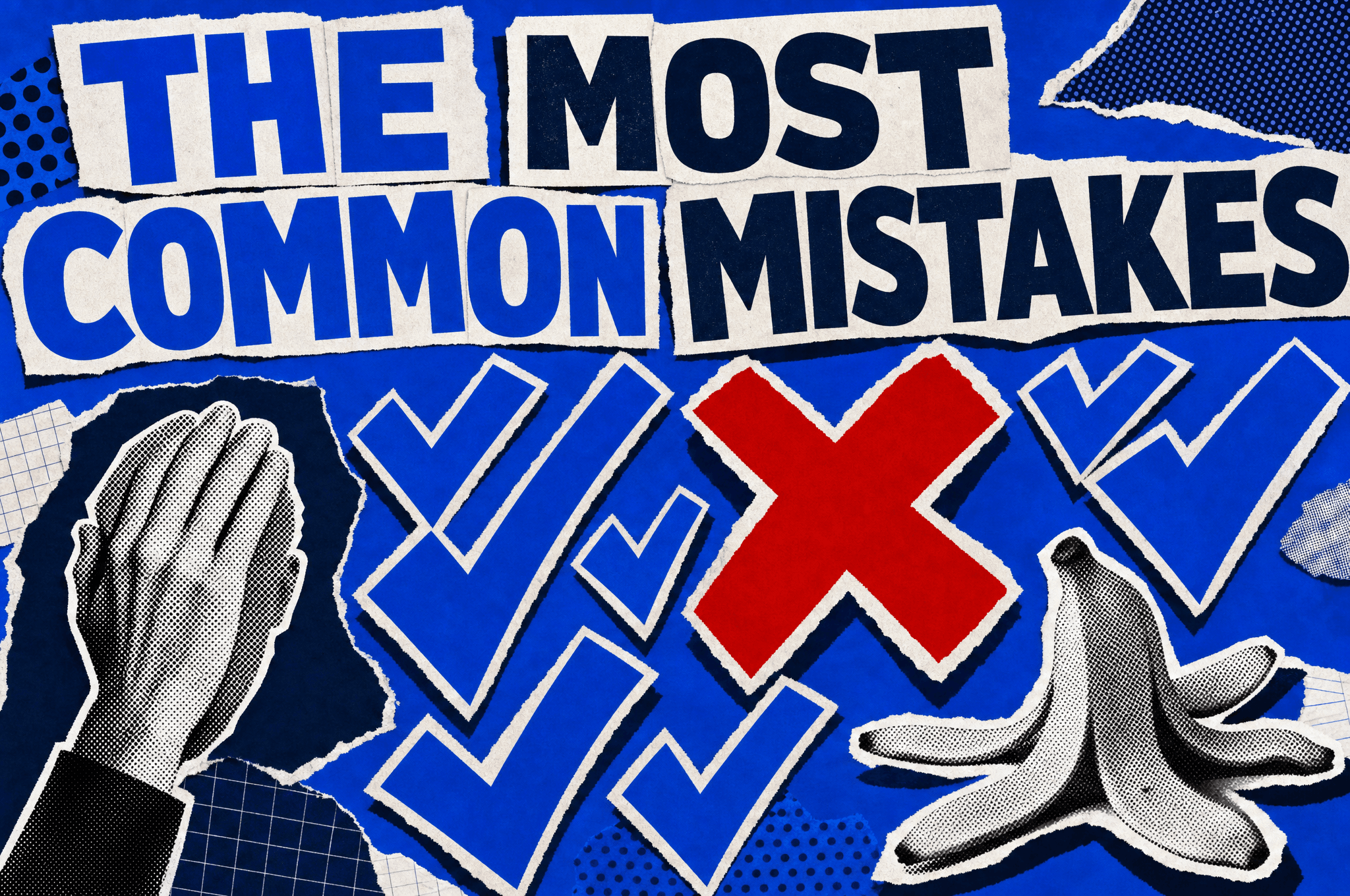 Pop-art collage of blue checkmarks with one oversized red X, headline The Most Common Mistakes