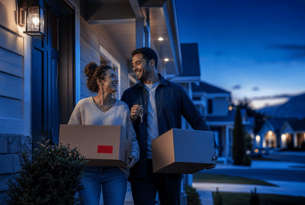 A young couple holding moving boxes and house keys on the porch of their new home at dusk
