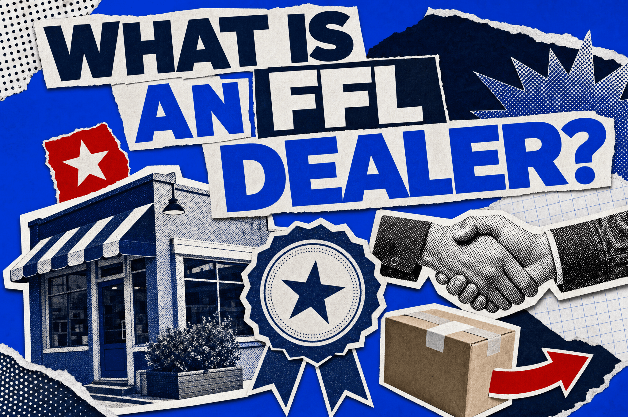 Pop-art collage of a small dealer storefront with a license badge and handshake, headline What Is an FFL Dealer