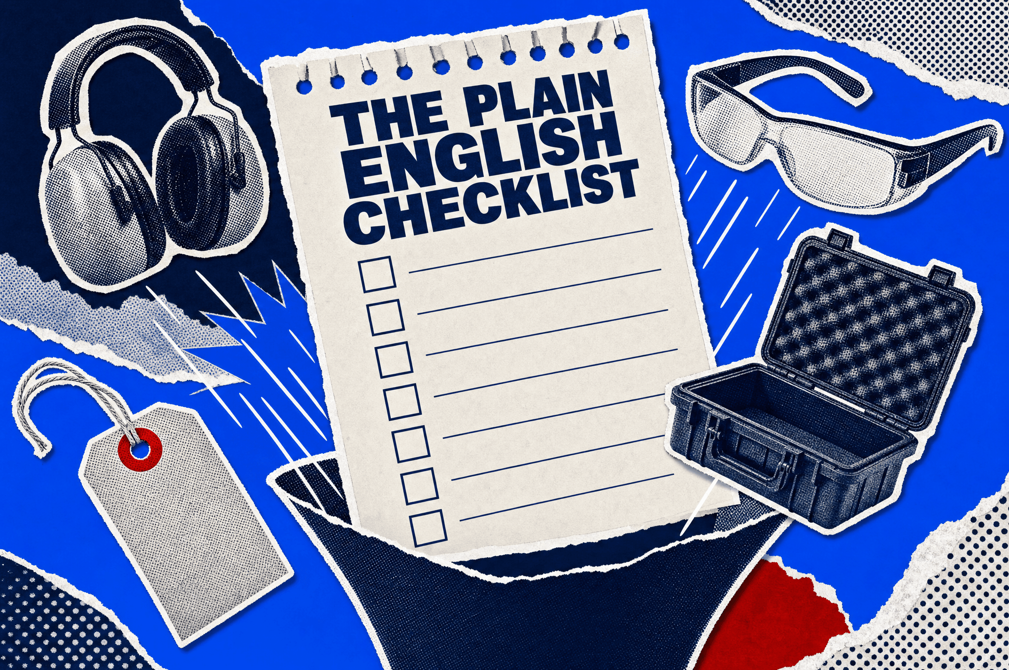 Pop-art collage of a giant notepad checklist headed The Plain English Checklist with gear raining into it